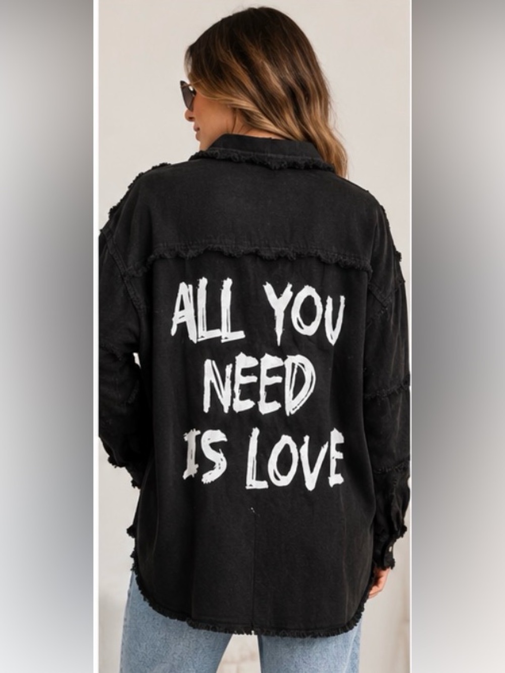 Elan distressed graphic Shacket - "All You Need Is Love" - Size Small. NWT